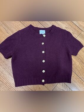 Short-Sleeve Burgundy Button Cardigan Sweater Sz L; bohemian cottagecore light